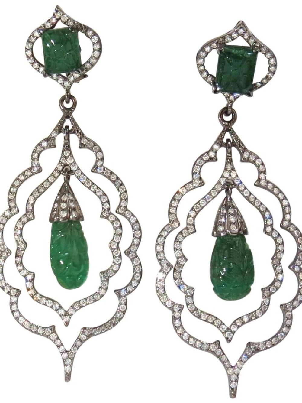 29.50ct NATURAL CARVED EMERALDS DIAMONDS DANGLING EARRINGS 14kt*